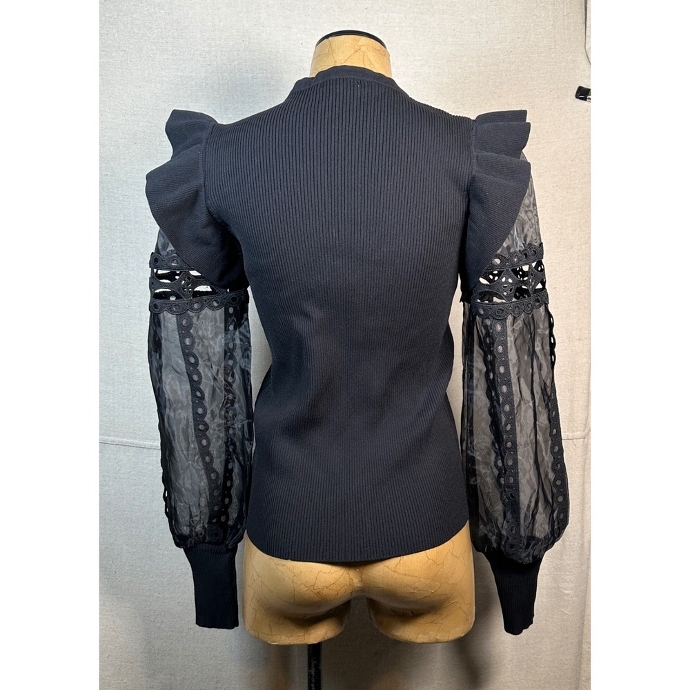 Black Ribbed Knit Top Avant Garde XL Sheer Lace Eyelet Puff Sleeve Ruffle State - Picture 2 of 6